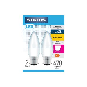 Status 40W LED Candle Bulb B22 W/White Pk 2