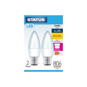 Status 60W LED Candle Bulb B22 W/White Pk 2